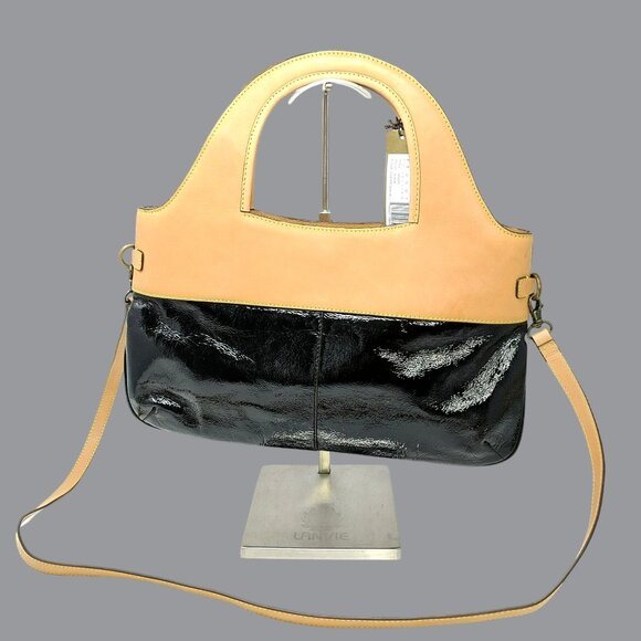 Etienne Privee Purse Bag Black Tan Satchel Leather Top Handle Strap - Picture 2 of 12